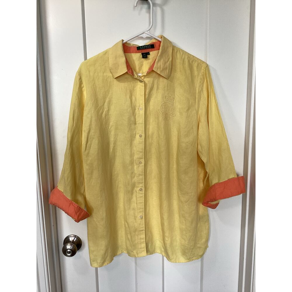Lauren Ralph Lauren Women's 100% Linen Button Front Shirt Top Yellow Size 1X‎
